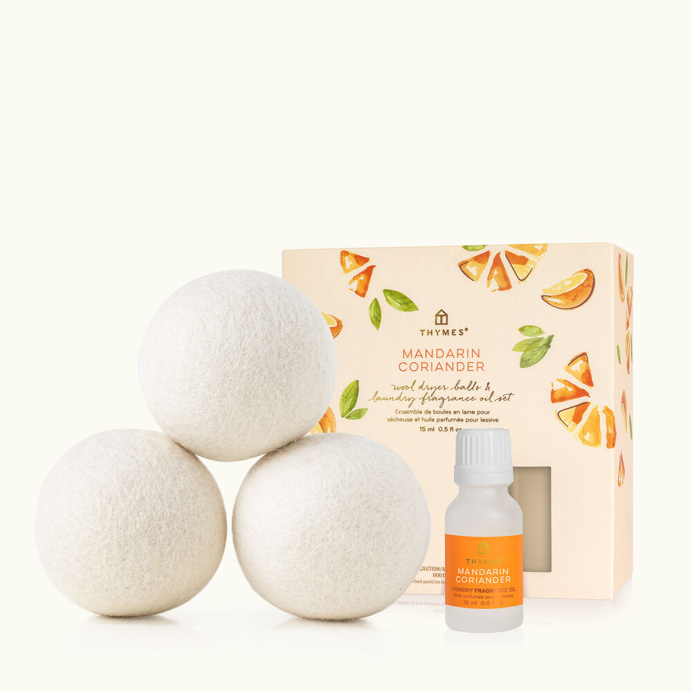 Thymes Mandarin Coriander Wool Dryer Balls & Laundry Fragrance Oil Set with Packaging image number 0